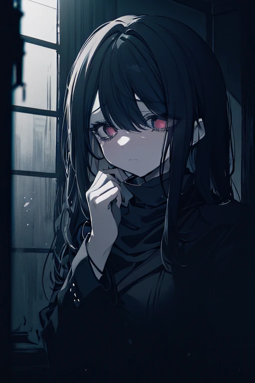 ((best quality)), ((highly detailed)), masterpiece, extremely detailed face, beautiful face, (detailed eyes, deep eyes), (1girl), upper body, <lora:hairdetailer:1>, NEET, (fair skin), <lora:bags_under_eyes:1>, ((bags under eyes)), tired, sleepy, (very long hair), (((very messy hair))), black hair, (cyan eyes), frown, oversized hoodie, off shoulder, bare shoulders, collarbone, choker, bottomless, pussy, ((pubic hair)), barefoot, ((in a dark room)), lights off, (dim lighting), messy room, junk food, game controller, futon, at night, <lora:LowRA:.6>, dark theme, (inside, at a dining room), <lora:EnvyBeautyMix46:1>