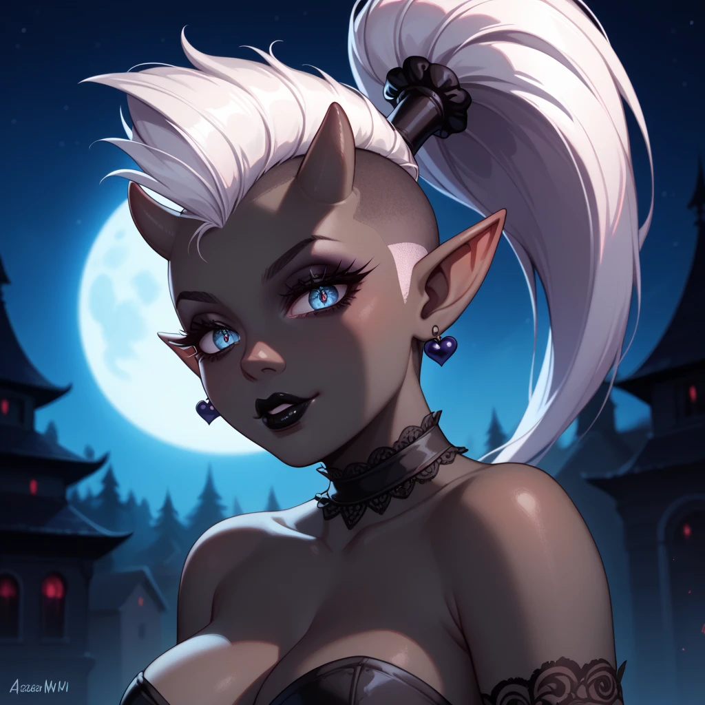 score_9, score_8_up, score_7_up, ((Masterpiece)), ((highres)), ((1person, 1girl, 1female)), Random poses, beautifully detailed succubus girl, ((white mohawk w/ponytail)), defined elf ears with ear guages, defined eyes, pastel iris, long eye lashes, defined nose, black lipstick, curvy, (((Black skin))), black demon horns, breasts, night sky, pastel gothic style, gothic style art, gothic asthetic, (((gothic horror background))), bust shot