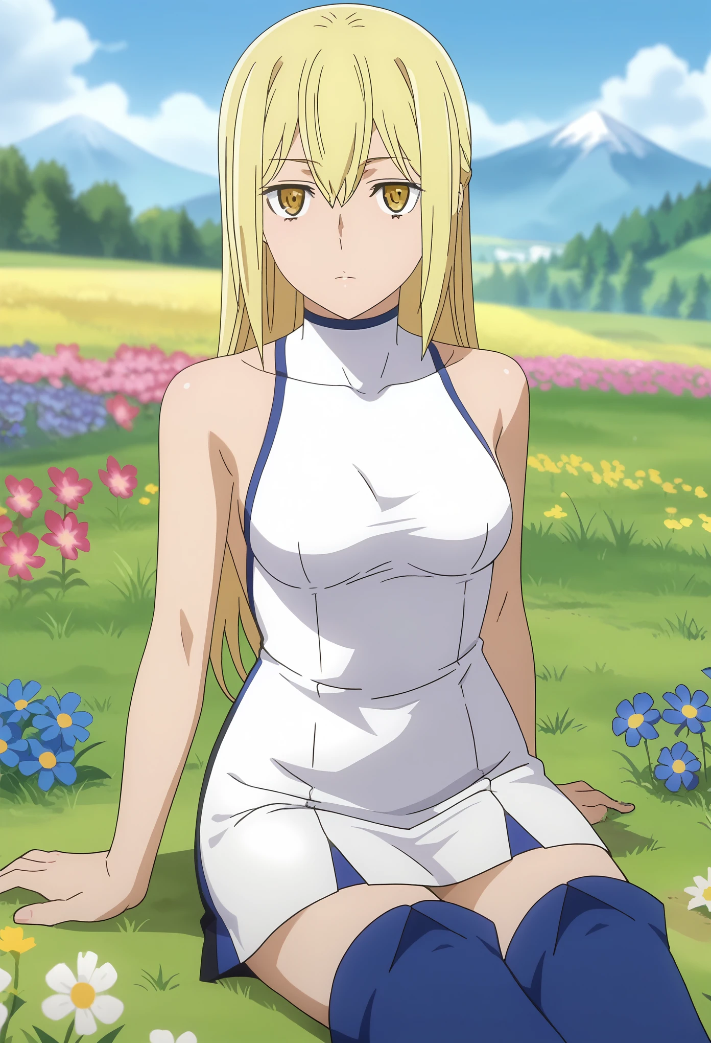 Mischief sly, playful, cunning, visibly plotting
, score_7_up, anime screencap, 1girl, solo, long hair, blonde hair, hair between eyes, yellow eyes, AisCasual, sleeveless dress, white dress, short dress, thigh boots, blue footwear, sitting, on ground, looking at viewer, scenery, mountains, grass, flower field,