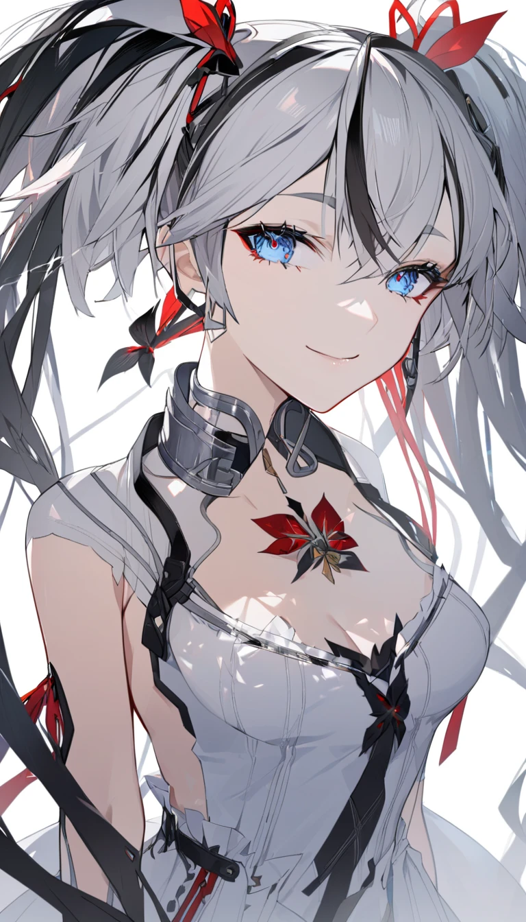  Resonance_Camellia, Hair between the eyebrows,  twin tails, Gray Hair,   Multi Colored Hair  , white  dress,  1 girl , Alone, chest,  look at the viewers, smile, bangs,  blue eyes, large chest,  hair accessories, White background,  dress,  clevis, slave collar, 