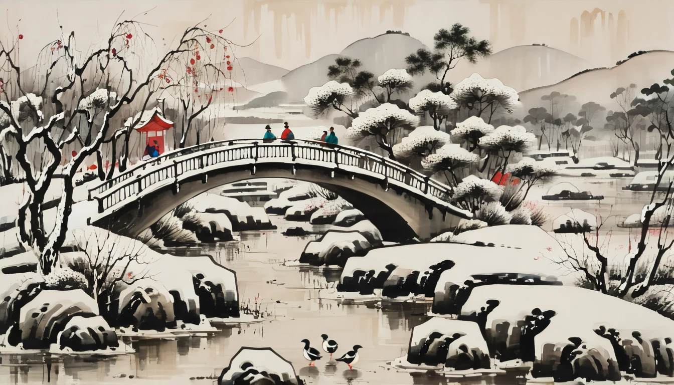 (Wu Guanzhong Style:1.9), Ink Painting，Magpie Bridge,  garden，winter， Very detailed