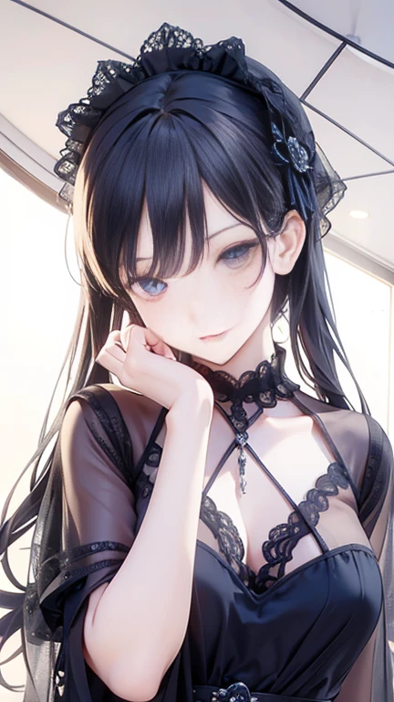 Rice Shower, (umamusume),1girl,(small breasts:1.2), (light purple eyes, black hair, long hair), (Hide the right eye with your hair:1.6), (Blue rose[:1.2] on a blue hat[:1.2]), horse ears, horse tail,((strapless black dress with lace,frills)),long sleeves,[[clavicle]],((Blue rose brooch)),squatting