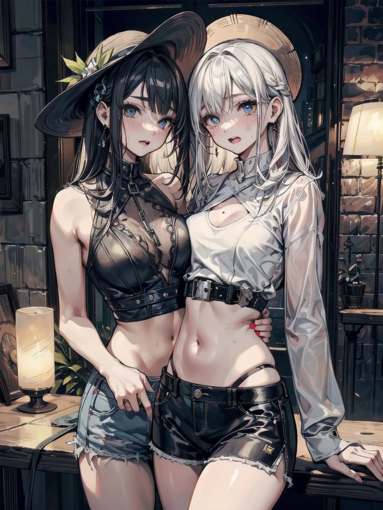 (realistic:1.3), finely detailed, quality, rembrandt lighting, (masterpiece:1.2), (photorealistic:1.2), (best quality), (detailed skin:1.3), (intricate details), dramatic, ray tracing, 2girls, (Detallado:1.4) named (Eimi Fukada:1.1) BREAK Cara hermosa, Profundidad de campo, Agregar capa, hiperrealista, 27 years old, Modelo de cuerpo perfecto, senos perfectos, 175cm de altura, pose sexy, full body, cuerpo completo, Tipo de cuerpo del modelo, BREAK (micro bikini:1.3), (cowboy hat covering chest:1.3), doble parpado BREAK smile, Old stone barn with gray slate roof, sunny afternoon, (cowboy shot:1.5), standing, two girls