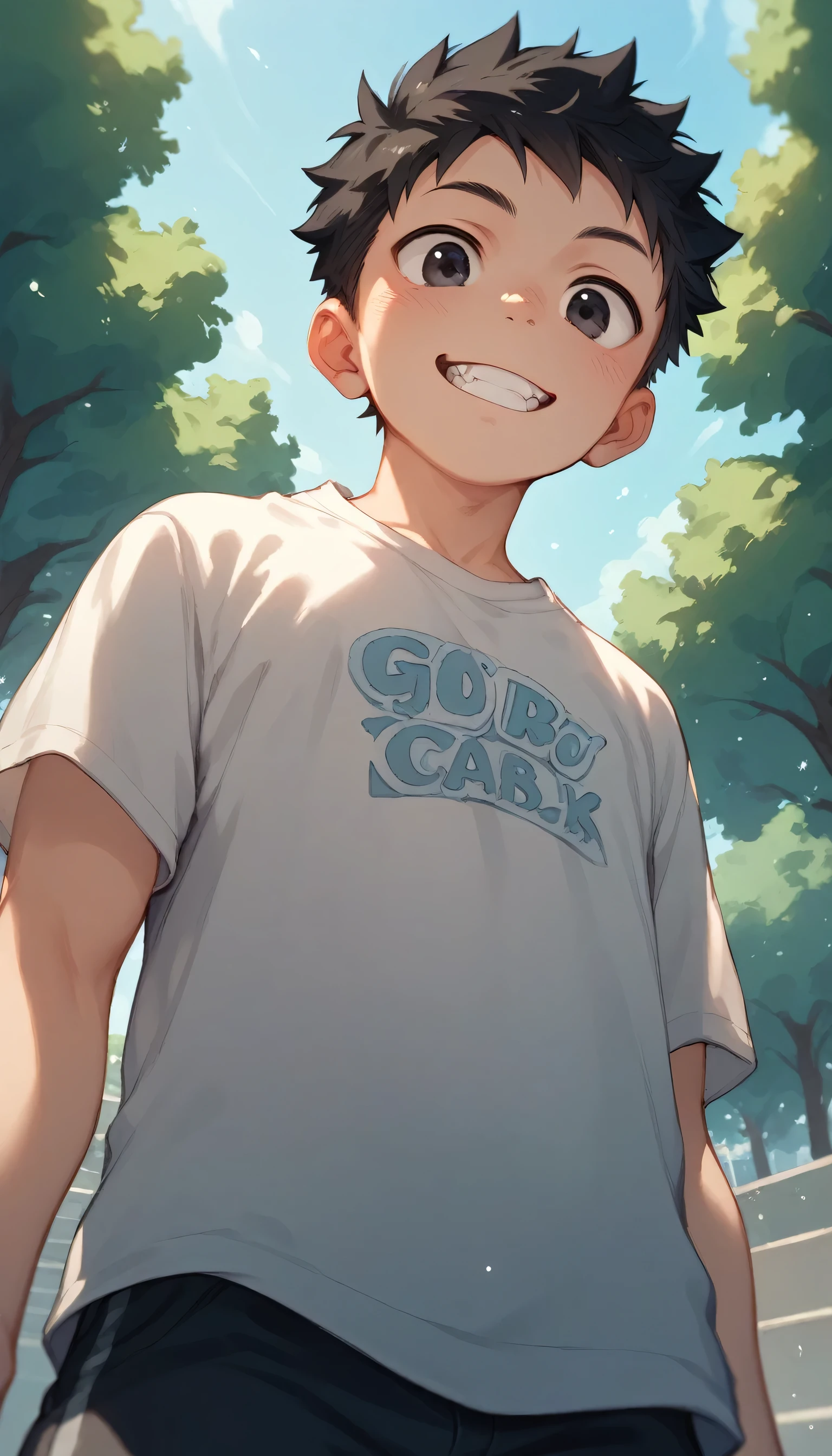 a handsome cute  young boy 3yr cool,messy black hair and black eyes,not wearing shirt,from below,in park,showing off his canine teeth,fullbody