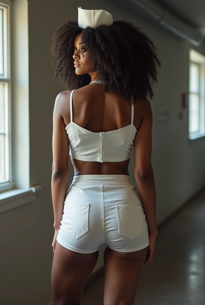 In a dimly lit luxurious apartment a head to toe full body representation of beautiful attractive dark skinned dancer bends over legs apart to put music on a stereo system viewed from behind. She has long dark afro hair that goes past her shoulders, light green eyes and red lips. She is athletic and toned wearing a white bikini top and extremely tight white jeans with black stilettos on her feet. Photorealistic high resolution detail cinematic lighting 