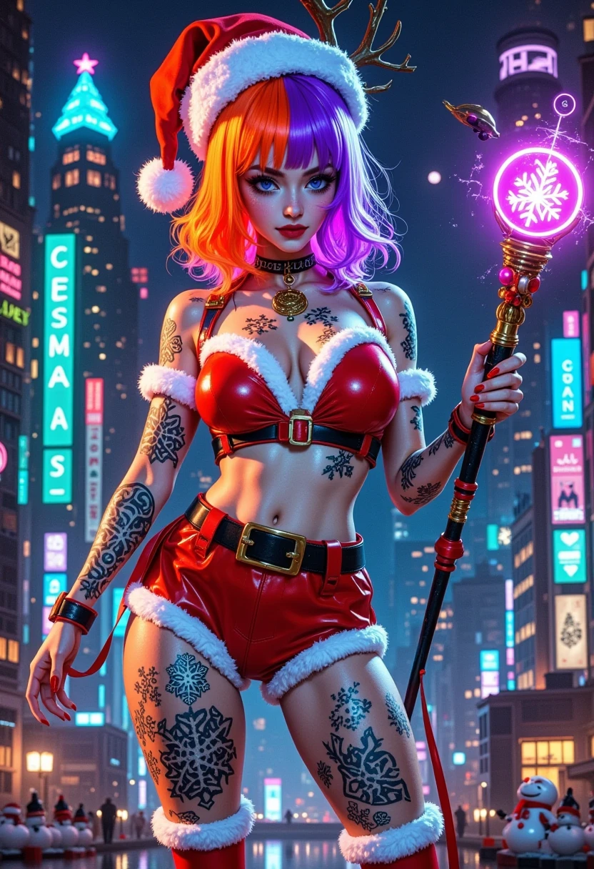 Surrealism, 1girl, cyberpunk femme fatale in Christmas-themed attire, neon orange and purple hair, Christmas-themed cybernetic implants that glow in the dark, showcasing variations of her outfit, sleek Christmas attire with snowflake patterns, high-tech accessories, Christmas magic wand with glowing runes, avant-garde footwear with bell buckles, festive tattoos of reindeer and snowflakes, glowing circuitry on her skin that resembles Christmas symbols, background should be a dark futuristic cityscape on Christmas night, neon lights shaped like Christmas trees and snowmen, emphasizing the character's bold and mysterious personality