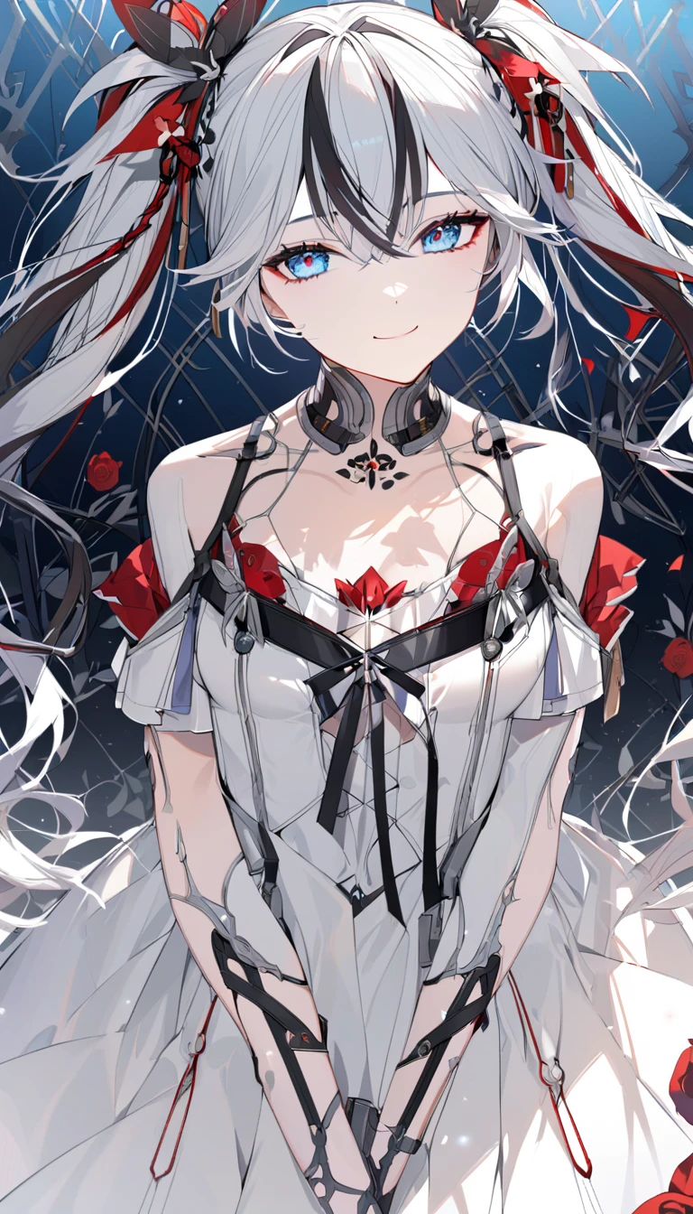 Camellia, Hair between the eyebrows,  twin tails, Gray Hair,   Multi Colored Hair  , white  dress,  1 girl , Alone, chest,  look at the viewers, smile, bangs,  blue eyes, large chest,  hair accessories, White background,  dress,  clevis, slave collar, 