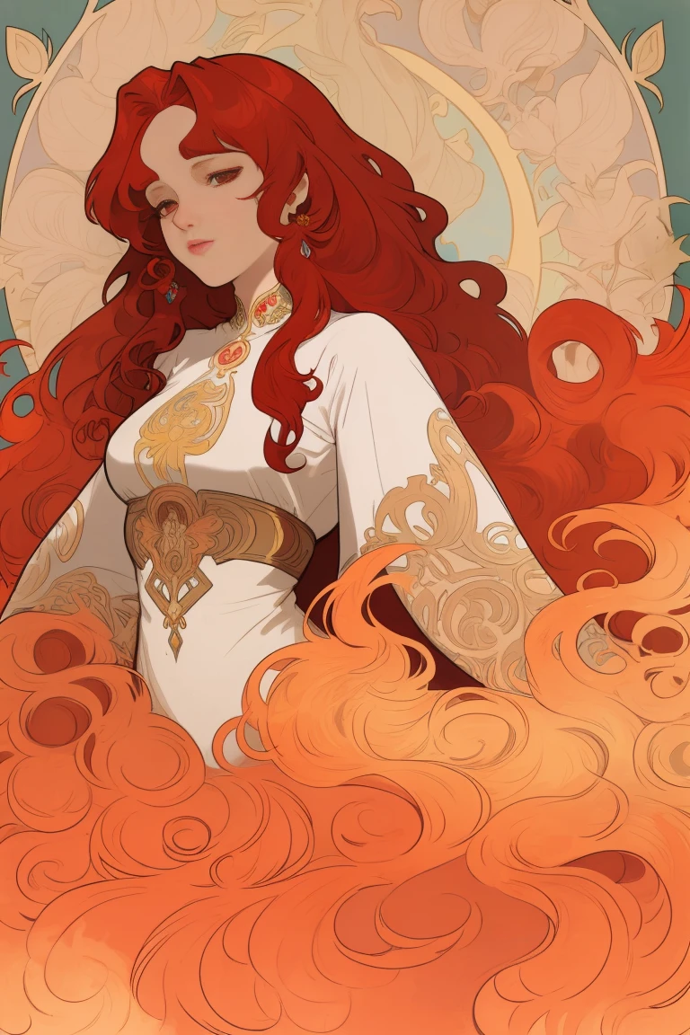 Alphonso Mucha Style  ,  beautiful european woman with long curly fiery red hair, 