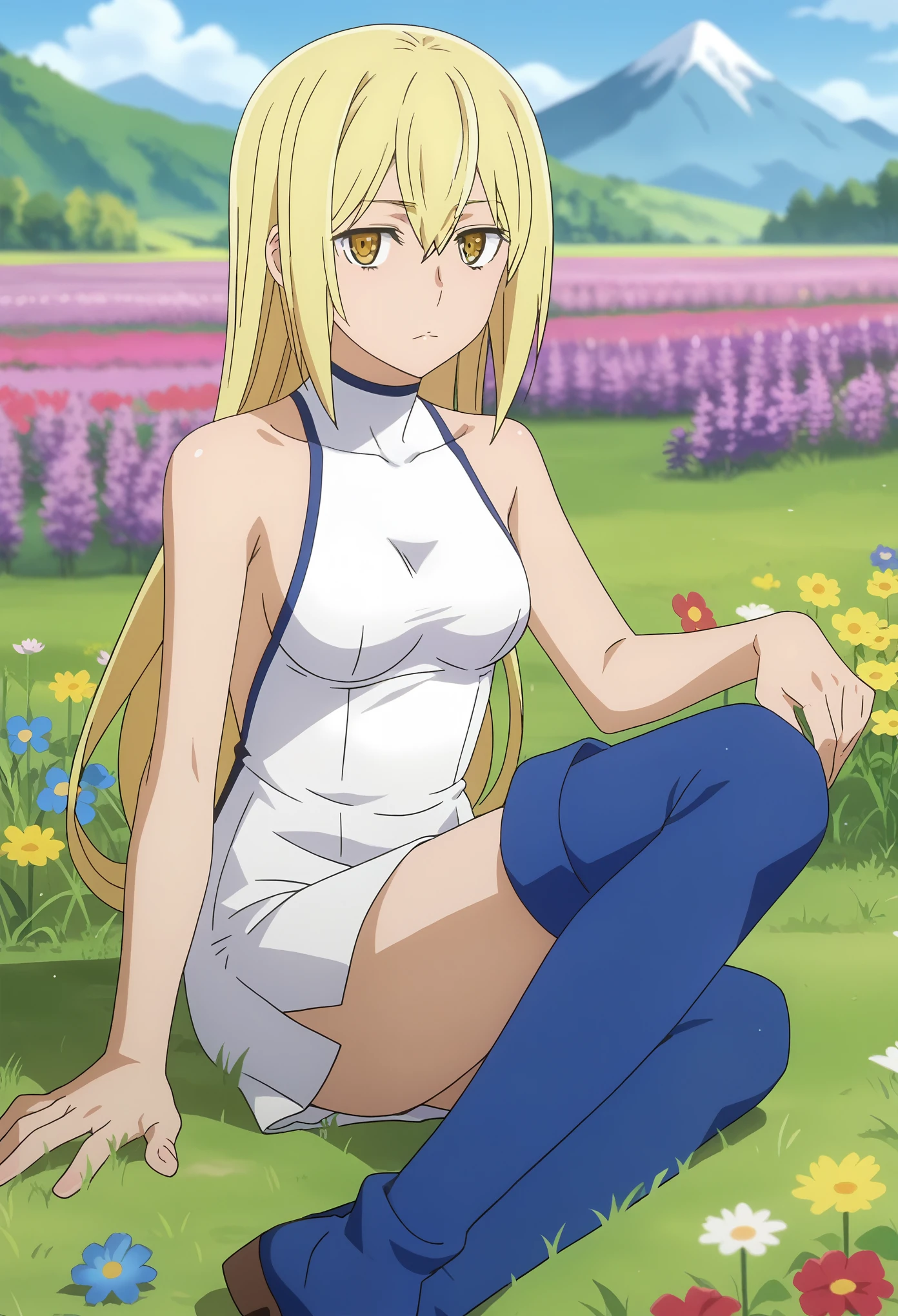 Mischief sly, playful, cunning, visibly plotting
, score_7_up, anime screencap, 1girl, solo, long hair, blonde hair, hair between eyes, yellow eyes, AisCasual, sleeveless dress, white dress, short dress, thigh boots, blue footwear, sitting, on ground, looking at viewer, scenery, mountains, grass, flower field,