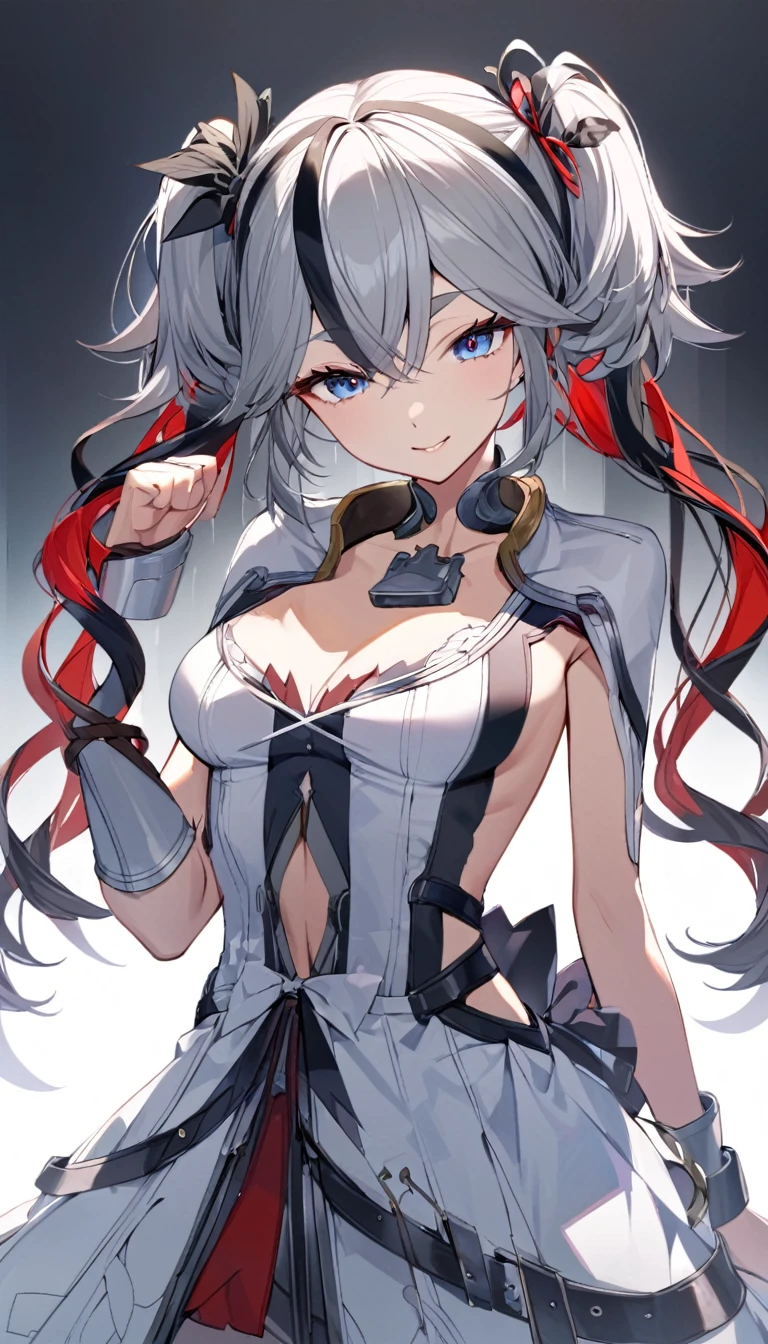 Hair between the eyebrows,  twin tails, Gray Hair,   Multi Colored Hair  , white  dress,  1 girl , Alone, chest,  look at the viewers, smile, bangs,  blue eyes, large chest,  hair accessories, White background,  dress,  clevis, slave collar, 