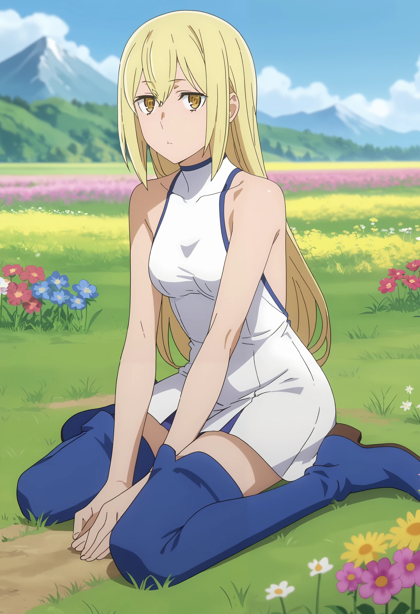 Curiosity intrigued, wide-eyed, investigative, visibly questioning
, score_7_up, anime screencap, 1girl, solo, long hair, blonde hair, hair between eyes, yellow eyes, AisCasual, sleeveless dress, white dress, short dress, thigh boots, blue footwear, sitting, on ground, looking at viewer, scenery, mountains, grass, flower field,