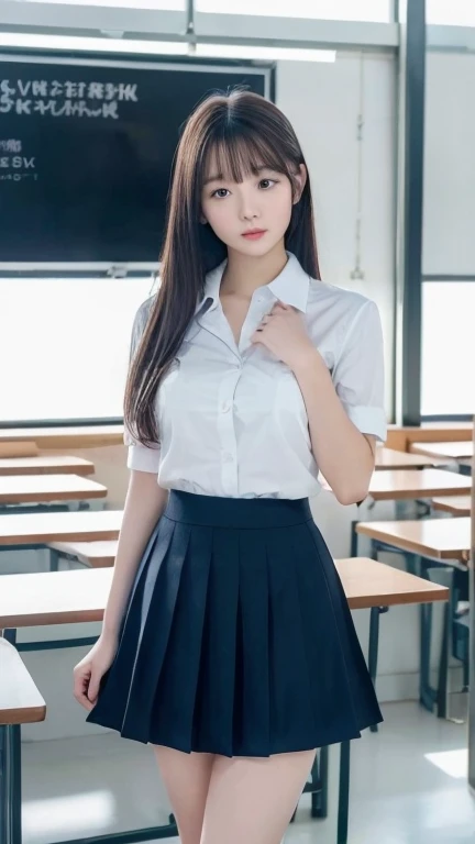 ( (8k:1.27),  best quality, masterpiece,  Ultra High Definition: 1.2)   cute Japanese woman photo   (beautiful:1.1) ,Female Breast,  lift up skirt ,Gravure printing, SEXY POSES,[ uniform, Medium Hair , black hair, dark eyes,Awkward,  cute face ,In the classroom, best quality,masterpiece, super detailed,masterpiece, Extremely Exquisite ， expose my chest,Big Breasts,