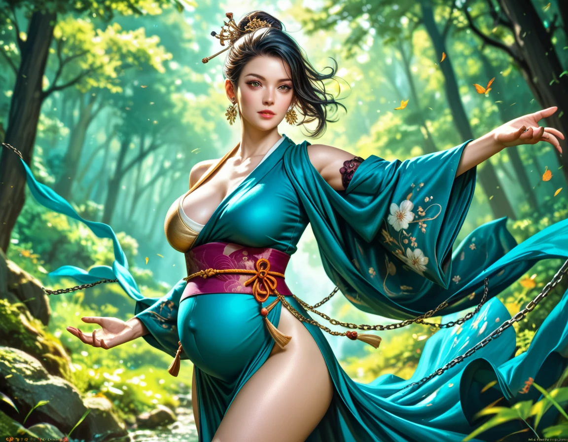 masterpiece, best quality, autumn outfit, colorful hair, outdoor,upper body, colorful autumnal clothes, ((fully clothed)), warm clothes, wet clothes, soaked, drenched, excited, wet hair, wet and slimy, water up to her chest, submerged, fantasy environment, fantasy chinese environment ,fantastical, vivid colors, varied poses, detailed green eyes, beautiful Asian girl