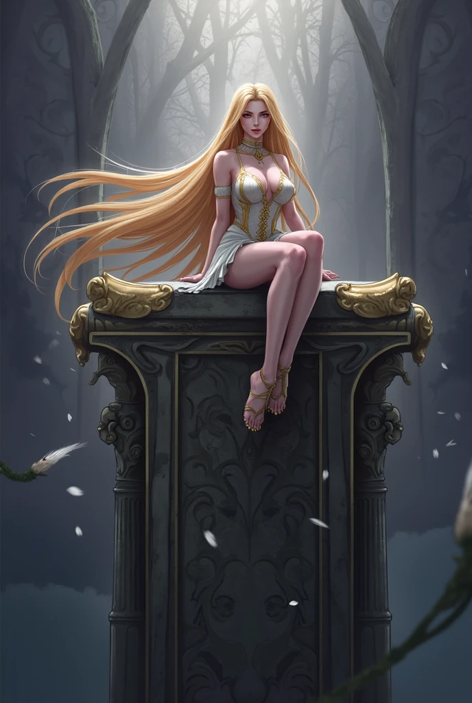 Miquella from elden ring sitting down, miquella, full lips, blonde, white revealing dress, gold, bimbo femboy, black lipstick, thick legs, big ass, 