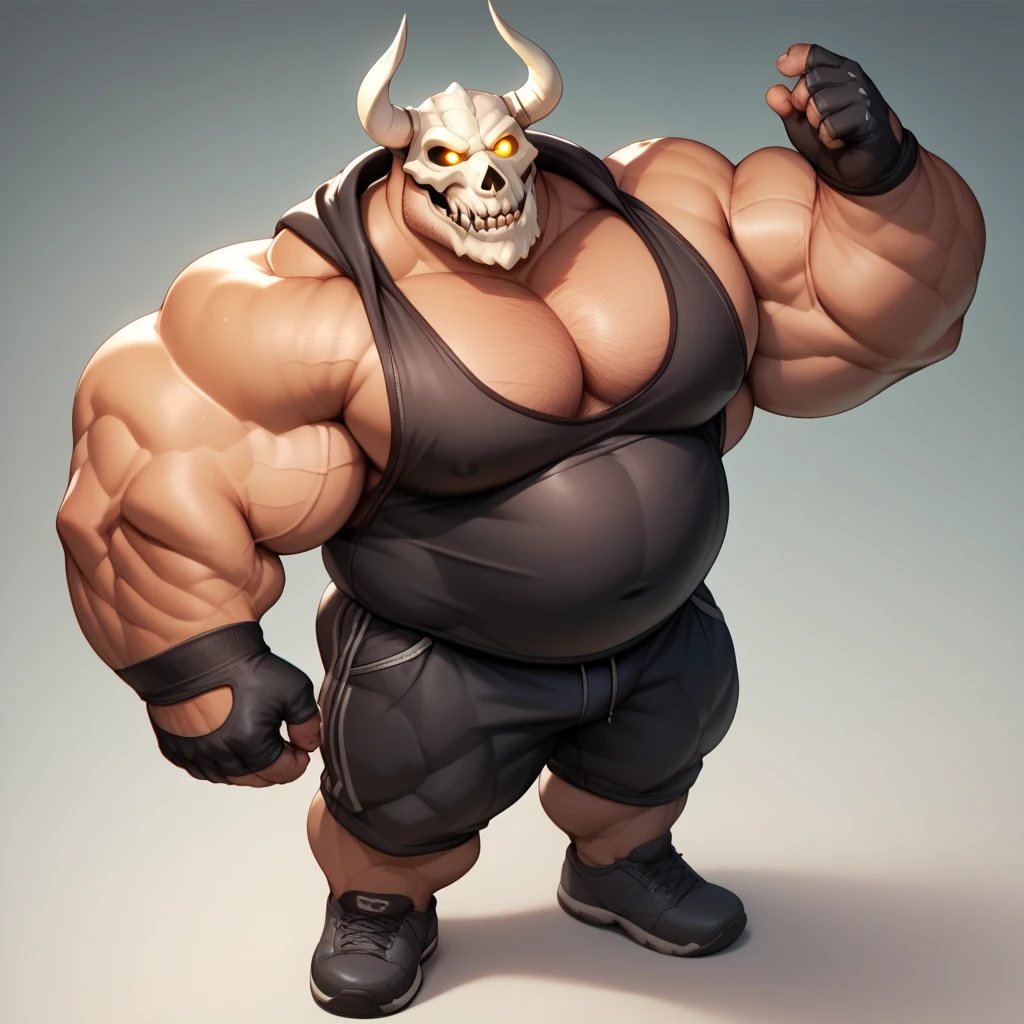 a man with big giant musclegut tall body and big fat belly using black sleeveless hoodie, black gloves, and skull mask that covers the face, mouth, and eye's. full body, standing, solo, very big, very tall, very muscular, very fat, glowing eye.