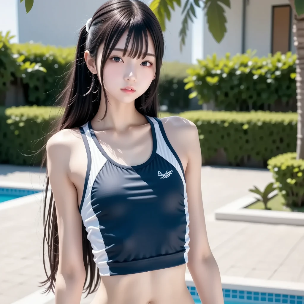 (((very heavy chest))),NSFW, 16k raw photos, highest quality, masterpiece, ultra high resolution, (((closed-fitting white compression high-leg (school swimsuit):1.3), (emphasized body line:1.2))).movie, 1 girl,((attractive expression)),eyes shine、 looking at the viewer, 自然な肌の質感very heavy chest))),((( metal black ribbon around the neck))).star handle mold、((yellow eyes)),Realistic eye and face details, lip whole, lipstick makeup), fluffy ponytail hair, laughter, 美feet, tall woman, ((glowing skin)),((美しいarmpit)), slim_feet, huge breasts, cleavage, beautiful natural places, beautiful flower garden、(detailed background,highly exposed, huge breasts, blurred background,, 首元にjk ribbon, jk ribbon, golden hair, bracelet, water, bangs, split your lips、armpit、beautiful hip line、glowing skin、(((eyes shine brightly))),lotion skin、High leg、((black hair)),highly exposed、highly exposed、beautiful sea background、wind effect、