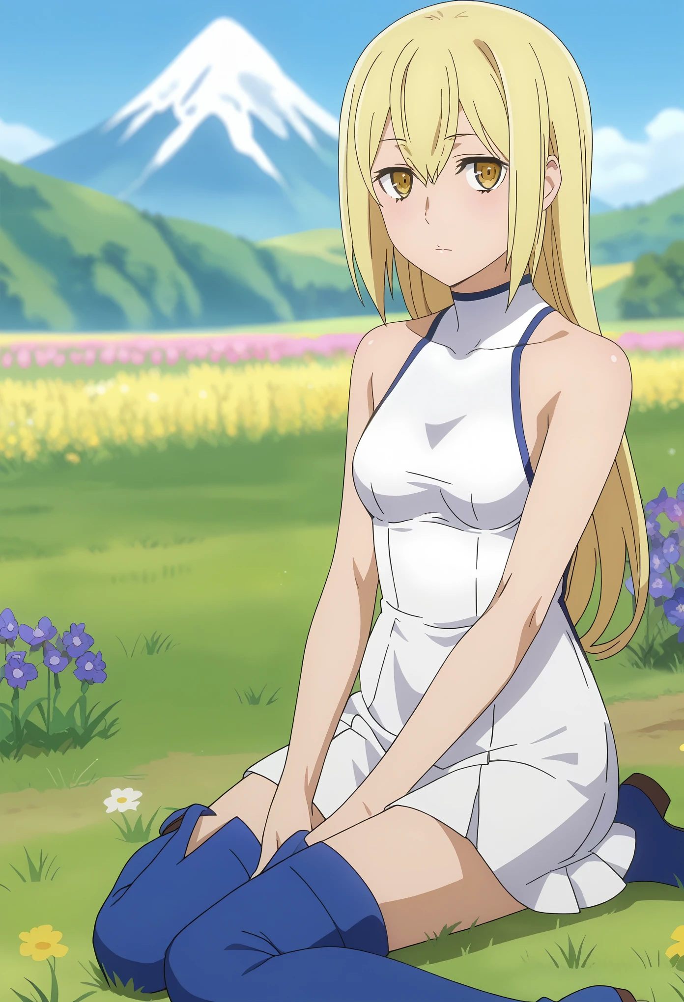 Love tender, caring, warm, visibly adoring
, score_7_up, anime screencap, 1girl, solo, long hair, blonde hair, hair between eyes, yellow eyes, AisCasual, sleeveless dress, white dress, short dress, thigh boots, blue footwear, sitting, on ground, looking at viewer, scenery, mountains, grass, flower field,