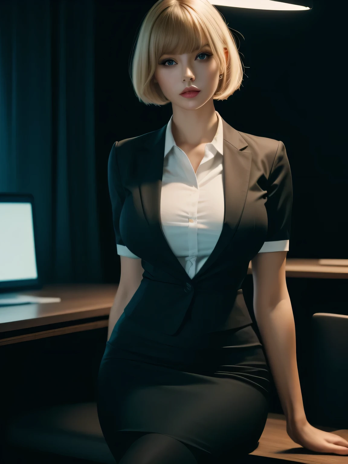 Tight-fitting business shirt, Just-fitting short sleeve, High-waist pencil skirt, (Wearing a business Jacket on top:1.3), In a dimly lit office late at night, Desk, Light from a computer screen, Desk light, Sitting on desk chair, Chair without armrests,
8K Quality, (High Resolution:1.5), (Realistic photo:1.5), (Raw photo:1.5), (Extremely detailed photo), Absolute masterpiece,
(Looking at the viewer:1.5), Staring, She's intimidating,
(Big breasts:1.2), (Lip make-up), Glossy skin, Blond, Bangs, Short wavy bob, Beautiful girl