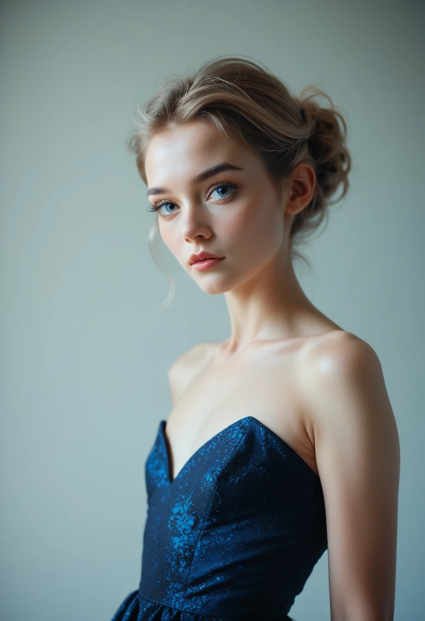 photo of a beautiful 18 year old french girl with blue eyes and brown long hair wearing a dress, (cleavage), detailed clothing, ((hyperrealistic)), (skin pores), highly detailed, sharp focus, 8K, ultra quality, UHD, crystal clear, ((stunningly beautiful)), extremely detailed, high detailed skin, cinematic lighting, wide angle, ((full body shot)), Canon 5d