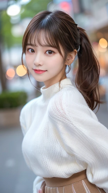 masterpiece、Actual Photos、(Cute looks:1.2)、(Cute beautiful girl:1.2), (Facial beauty:1.3),( low ponytail:1.2)、( detailed and beautiful eyes :1.1),  cute eyes hidden in long bangs 、( detailed eyes :1.3)、 small face 、( white skin:1.5)、( stylish hairstyle with blurry background :1.3)、( sexy body line  :1.3)、(Popular Korean makeup:1.3),smile、( white knit:1.2)、( Brown Long Skirt:1.3)