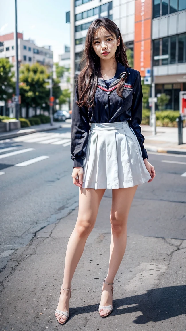 a beautiful 18 year old japanese high school girl with perfect anatomy, healthy thighs, beautiful legs, beautiful skin, random hair color and style, large breasts, wearing a japanese schoolgirl uniform, holding a student bag, full body shot, standing on a city street, (best quality,4k,8k,highres,masterpiece:1.3),(extremely detailed:1.2),photorealistic,ultra-detailed,vivid colors,studio lighting,professional