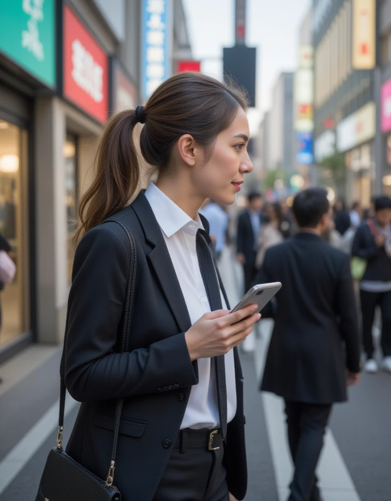  best quality,  perfect composition on the board, Proper placement, Golden Ratio,  Viewers' Perspective ,  50-year-old Japanese woman,  Career Women,  Call on iPhone, Looks fun, Documents in hand, Busy office lady, A woman with a strong sense of responsibility ,  Very Slim Figure , (Small, flat chest),  Beautiful Facial Details , ( high-resolution human skin texture details ),  light brown hair ,   Hair Blown in the Wind  , ( with a low ponytail hairstyle ),  evening , Light and shadow are clear, Tokyo, Shinjuku, On the city streets,  business suit, Slim slacks,  white business shirt , Crowd Background, 