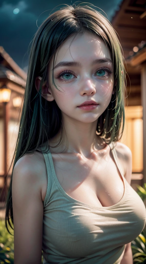 long dark green hair, (green eyes:1.5), red ribbon hair ornament, black cardigan, white tank top, casual attire, gentle blush, serene outdoor setting, glowing lights, evening ambiance, soft smile, romantic atmosphere16k, highres, masterpiece, best quality, realistic, cinematic photo a very short girl, solo, (looking at viewer:1.2), high definition, 8K, detailed face, grabbing her breast, showing her breast, 1 girl, alone,(extremely detailed CG unity 8k wallpaper), (masterpiece), (best quality), (ultra-detailed), (best illustration), (best shadow), (absurdres)
  ((((ultra realistic,32k,RAW photo:1.1),(high detailed skin:1.1), 8k uhd, dslr, high quality, film grain, (makeup, mascara:1.1), 






