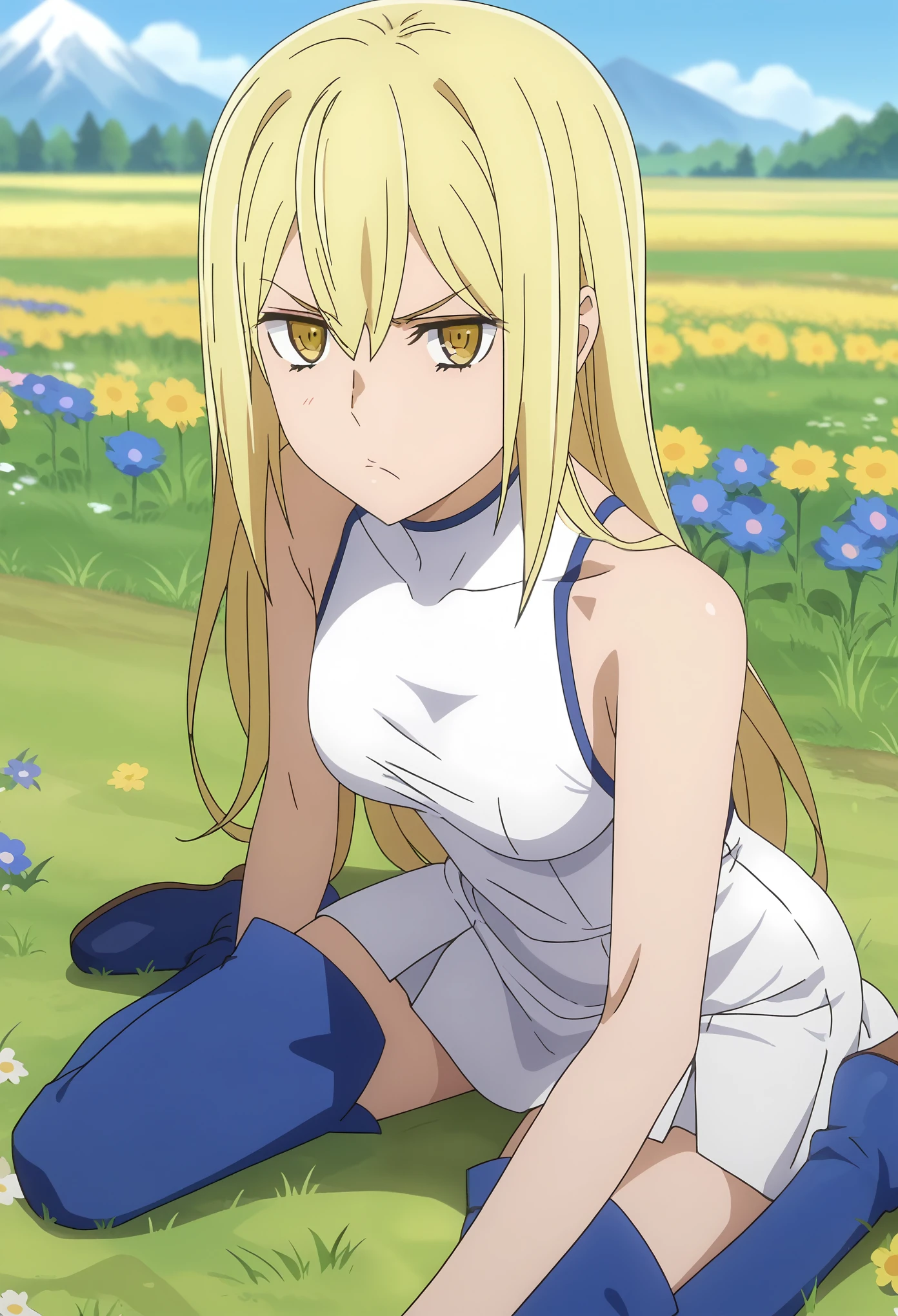 Disgust frowning, grimacing, revolted, visibly displeased
, score_7_up, anime screencap, 1girl, solo, long hair, blonde hair, hair between eyes, yellow eyes, AisCasual, sleeveless dress, white dress, short dress, thigh boots, blue footwear, sitting, on ground, looking at viewer, scenery, mountains, grass, flower field,