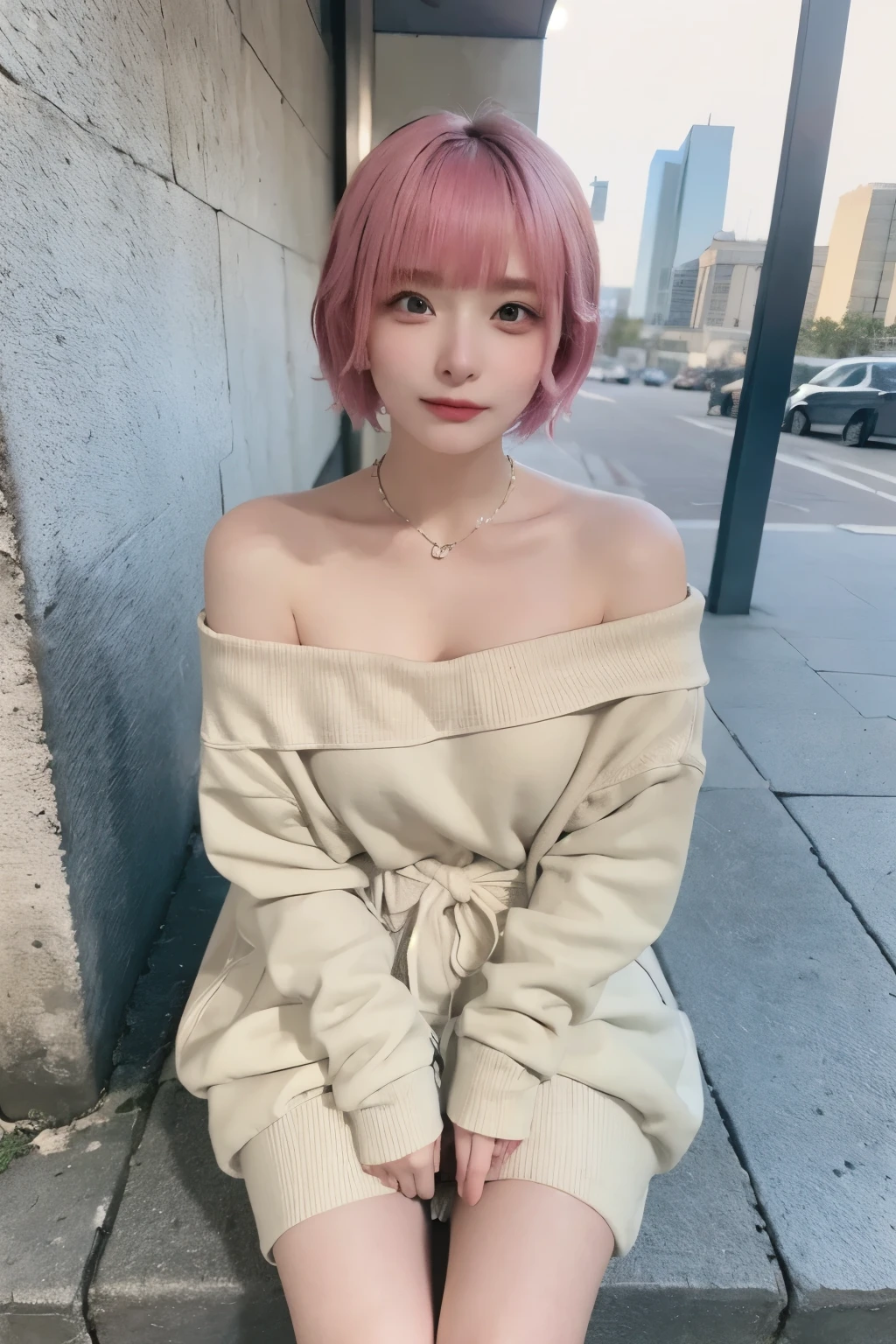 A young woman with pink bob hair and soft make-up sits on an outdoor balcony. She wears a loose fitting black sweatshirt, leaving one shoulder slightly exposed, giving her a casual and relaxed look. Her face is neutral, her lips slightly pouted, and she looks straight into the camera. The lighting is natural, with soft shadows cast by the black railings around the balcony. There is a simple textured wall in the background, and the overall atmosphere is calm and quiet, exuding a casual and candid vibe. The depth of field and texture of the image suggest that it was taken with a prime lens (e.g. 50mm f/1.8), and the light is soft and warm, creating a friendly atmosphere. The result is a high-quality photo that looks like it was taken with a DSLR or mirrorless camera.