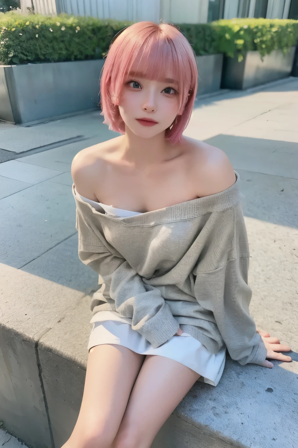 A young woman with pink bob hair and soft make-up sits on an outdoor balcony. She wears a loose fitting black sweatshirt, leaving one shoulder slightly exposed, giving her a casual and relaxed look. Her face is neutral, her lips slightly pouted, and she looks straight into the camera. The lighting is natural, with soft shadows cast by the black railings around the balcony. There is a simple textured wall in the background, and the overall atmosphere is calm and quiet, exuding a casual and candid vibe. The depth of field and texture of the image suggest that it was taken with a prime lens (e.g. 50mm f/1.8), and the light is soft and warm, creating a friendly atmosphere. The result is a high-quality photo that looks like it was taken with a DSLR or mirrorless camera.