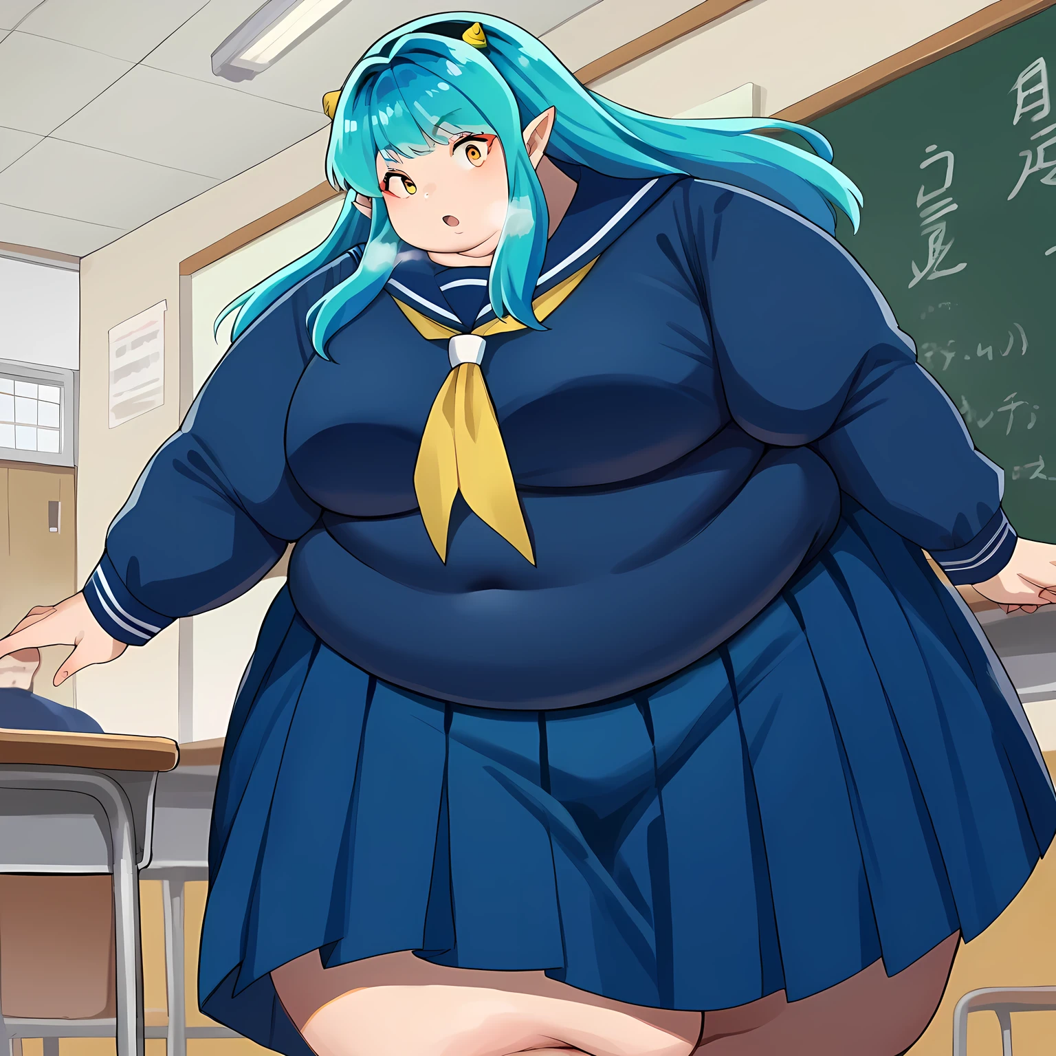 score_9, score_8_up, score_7_up, source_anime,
uruseiyatsuralum, lum, long hair, bangs, blue hair, orange eyes, horns, pointy ears, aqua hair, oni horns, eyeshadow,
shirt, long sleeves, school uniform, serafuku, sailor collar, neckerchief, yellow neckerchief, shirt, blue shirt, blue sailor collar, blue skirt,
indoors, classroom, flying,
looking at viewer, cowboy shot, dutch angle, fat, chubby, obese, gigantic arms and legs, large breasts open mouth, out of breath