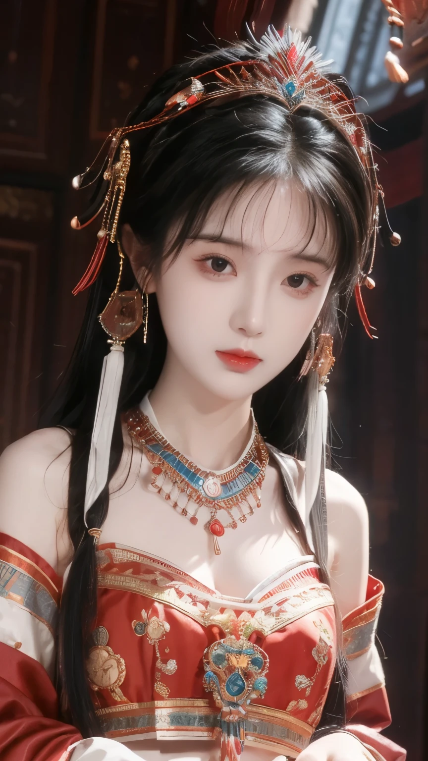 (8K, The quality is the best,masterpiece:1.2), super detailed, Professional lighting, The quality is the best, ultra high resolution,visually stunning,( 1 girl at home:1.1),(Miao clothing、Headdress),Real human skin,(Perfect body 1.3) super delicate face 。