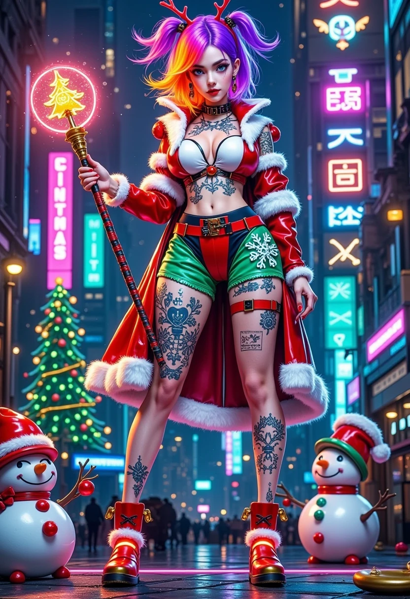 (Vision)，Wide Angle，(Full body shot:1.6)， surrealism, 1girl, cyberpunk femme fatale in Christmas-themed attire, neon orange and purple hair, Christmas-themed cybernetic implants that glow in the dark, showcasing variations of her outfit, sleek Christmas attire with snowflake patterns, high-tech accessories, Christmas magic wand with glowing runes, avant-garde footwear with bell buckles, festive tattoos of reindeer and snowflakes, glowing circuitry on her skin that resembles Christmas symbols, background should be a dark futuristic cityscape on Christmas night, neon lights shaped like Christmas trees and snowmen, emphasizing the character's bold and mysterious personality