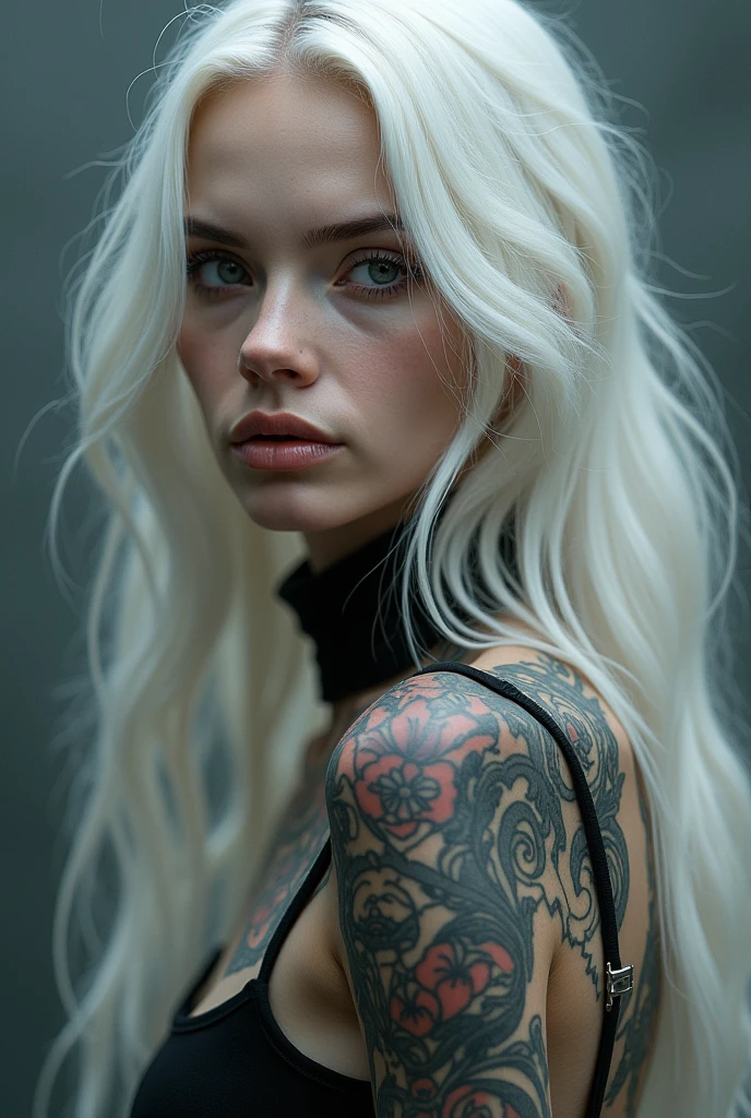 deep white hair, huge breast, bdsm, smile, tattoo, blue eyes