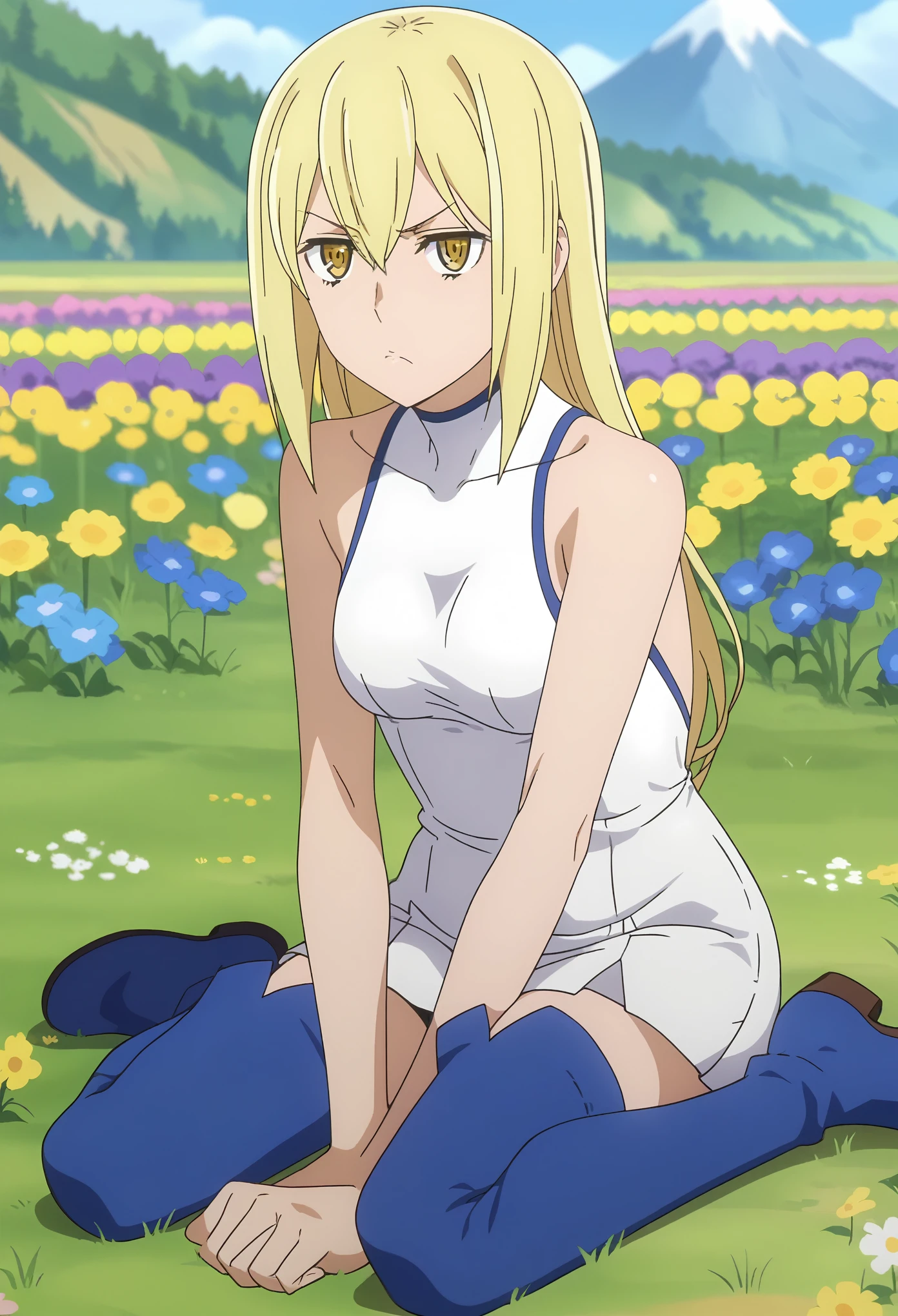 Disgust frowning, grimacing, revolted, visibly displeased
, score_7_up, anime screencap, 1girl, solo, long hair, blonde hair, hair between eyes, yellow eyes, AisCasual, sleeveless dress, white dress, short dress, thigh boots, blue footwear, sitting, on ground, looking at viewer, scenery, mountains, grass, flower field,