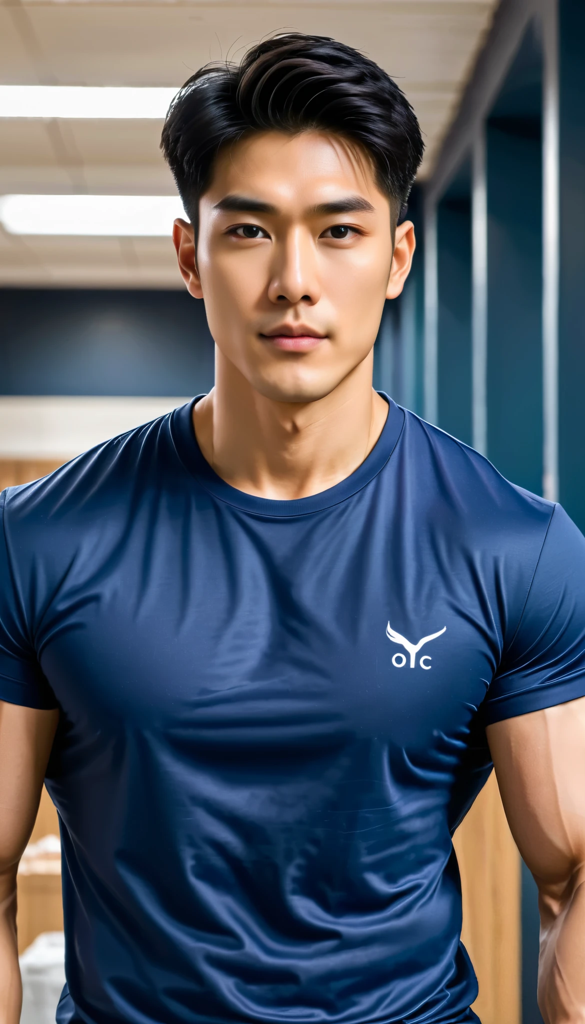 (orimale),orihansome, malekorea handsome ,chest muscles,large arm muscles,blood vessel,,Broad shoulders, wear t-shirt navy no logo and jeans 