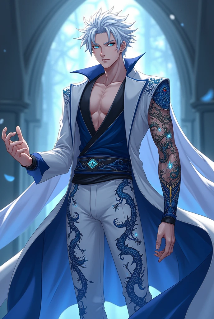 Handsome guy, 25 years old, Asian, master work, best picture quality, higher quality, high detail, super high resolution, (realistic: 1.4) 8k resolution, delicate facial features, boys, big muscles, tattoos, glowing eyes, short hair, white hair, hair details, (full body: 0.6), detailed background , [[Look away, look to the side, emphasize homosexuality and pay attention to every detail , open Hanfu transparent tulle jacket, white rubber pants, circling dragon, Chinese courtyard background (crotch bulge), thunder, ((((Blue Thunder)))) Blue Thunderbolt, Fa Gong, Wind and Thunder Technique, Chinese Kung Fu, Fingerless Gloves, Wristbands, Dragon Themed Costumes, Monk Robe, Rotating Floating Particles, Dynamic Composition, Heavy Rain Background, Very Many Thunder and Lightning Flashes