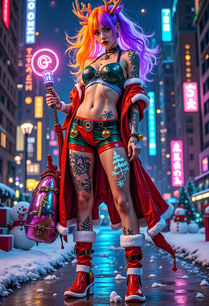 (Vision)，Wide Angle，(Full body shot:1.6)， surrealism, 1girl, cyberpunk femme fatale in Christmas-themed attire, neon orange and purple hair, Christmas-themed cybernetic implants that glow in the dark, showcasing variations of her outfit, sleek Christmas attire with snowflake patterns, high-tech accessories, Christmas magic wand with glowing runes, avant-garde footwear with bell buckles, festive tattoos of reindeer and snowflakes, glowing circuitry on her skin that resembles Christmas symbols, background should be a dark futuristic cityscape on Christmas night, neon lights shaped like Christmas trees and snowmen, emphasizing the character's bold and mysterious personality