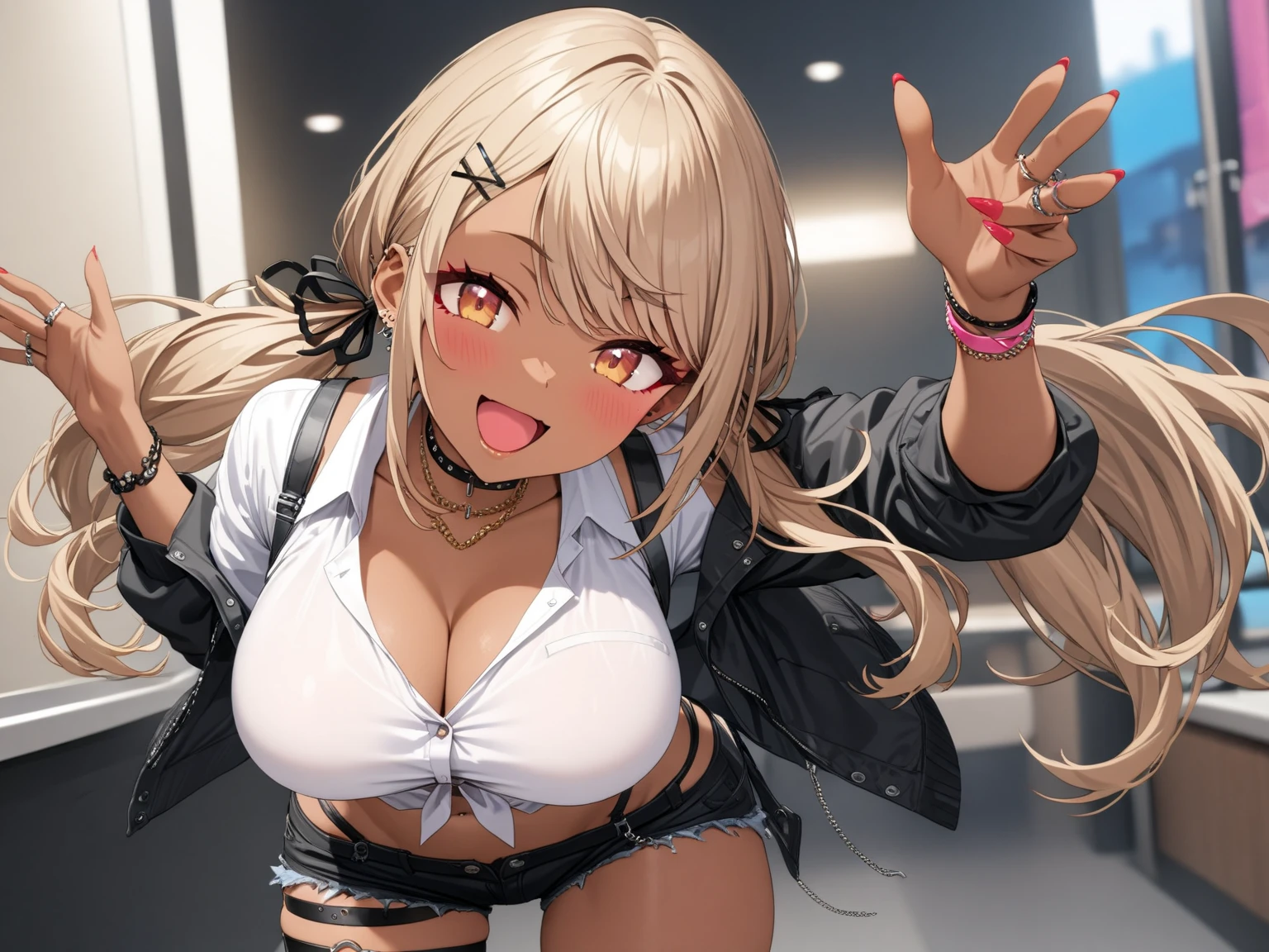 1girl, solo,
gyaru, ((((dark skin)))), long hair, low twintail, hair ribbon, hairclip, choker, cropped jacket, black jacket, white shirt, midriff, black shorts, thigh strap,
(masterpiece、Highest quality、Very detailed)), One girl, gyaru, Large Breasts, open mouth, smile,
Leaning forward,