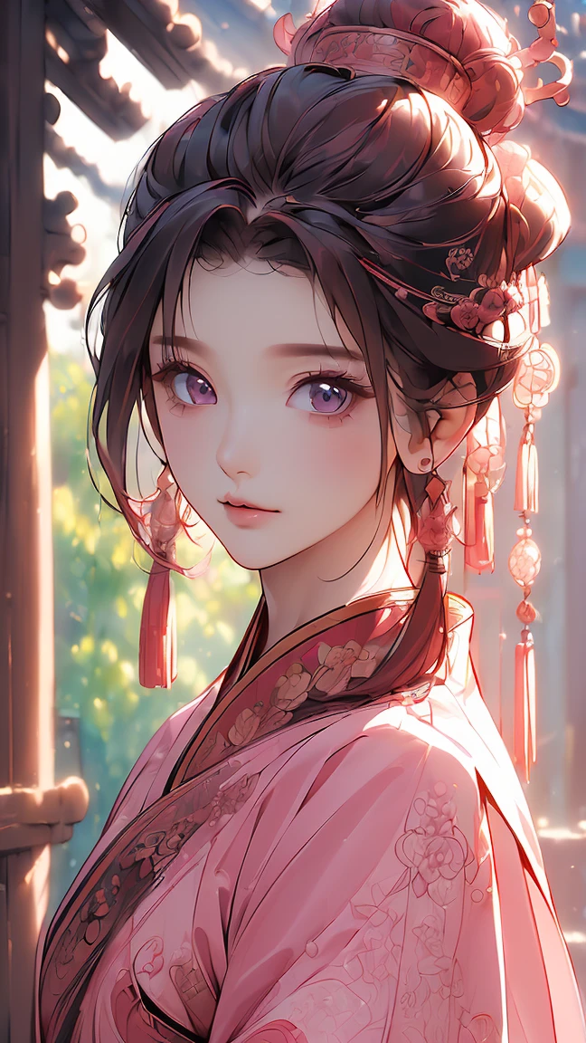 (((Best quality, 8k, Masterpiece: 1.3)), ((best quality)), ((masterpiece)), (detailed), perfect face, perfect body, (detailed skin:1.3), (intricate details), high details, highres, Yang Guifei, traditional Chinese costume, royalty, empress, luxury, pink hair, topknot, Hanfu