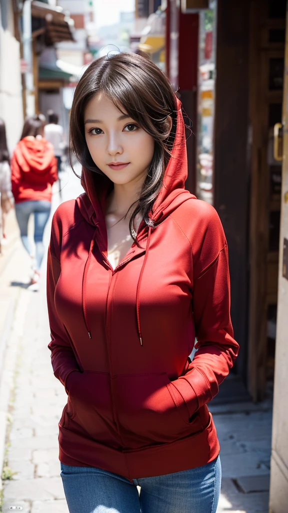 cute female idol, 28 years old, (8k, raw photo realistic:1.2), lovely idols, smiling, hair is messy, in a bun, thin legs
BREAK 
(naked full-opened red_hoodie:1.3), (cleavage), (denim shorts), Baseball_cap, (background is art gallery), looking at viewer
BREAK 
masterpiece, (best quality:1.2), ultra highres, (photorealistic:1.4), ((extremely perfect anatomy body parts)), realism, natural light, depth of fields, Detailed Background, perfect composition, highly detailed, detailed face, extremely detailed, ultra-detailed, 8K wallpaper, extremely awesome detailed, dynamic lighting, deep shadows, photorealistic, realistic face, well-groomed face, small mouth,
