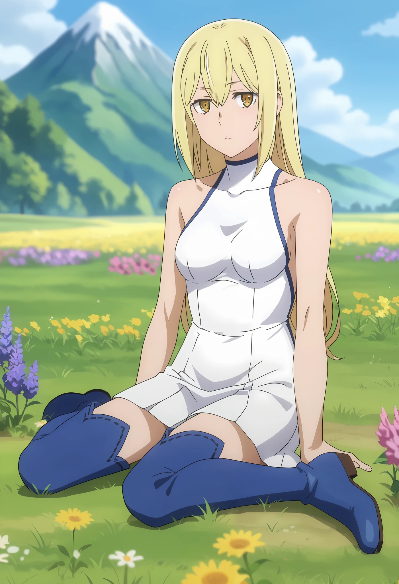 Relaxation calm, serene, at ease, visibly peaceful
, score_7_up, anime screencap, 1girl, solo, long hair, blonde hair, hair between eyes, yellow eyes, AisCasual, sleeveless dress, white dress, short dress, thigh boots, blue footwear, sitting, on ground, looking at viewer, scenery, mountains, grass, flower field,
