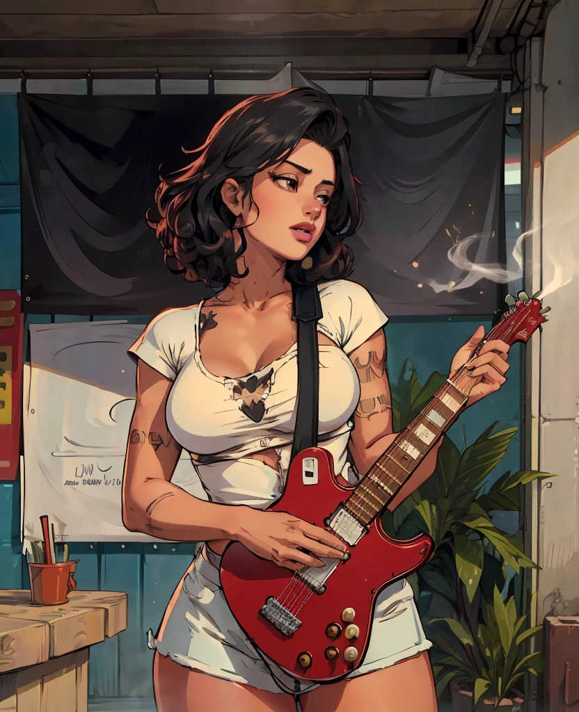  A girl with messy curly hair cuts like a man, With a guitar and a cigarette in her hand comic  (best quality,4K,8k, highres icon,masterpiece:1.2),ultra-detailed,(realistic,photorealistic,photo-realistic:1.37)