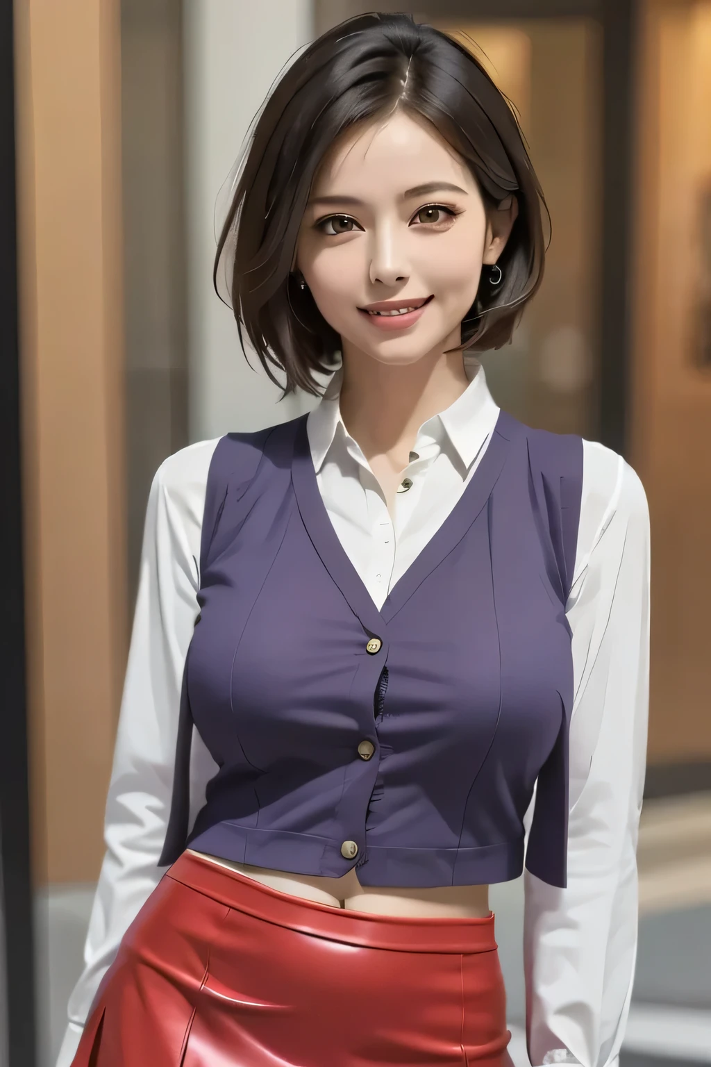 (1 Ultimate Beautiful Mature Woman),  Very detailedな顔,  Beautiful Brown Eyes ,  double eyelids, Slightly thick detailed lip,  Black Shorthair , (Light purple blouse:1.2), ( Red tight mini skirt :1.4),  Big Breasts , smile, Thighs,  perfect lighting, (Realistic:1.4), ( Very detailed), ( best quality), ( vest shadow ), (masterpiece),   ultra high resolution,  With background: ((Ginza Art Gallery, Tokyo))