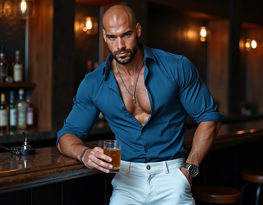 Kelly is a 42 year old man, bald, with a hipster beard, 1.77 meters tall, 98 kg, Caucasian, hazel green eyes, Argentine features, confident and masculine expression, dominant and mischievous look, wearing a leather jacket, torn jeans, boots, full body shot, inviting the observer to sit with him, in an English bar setting, seductive and elegant, with a knowing smile.