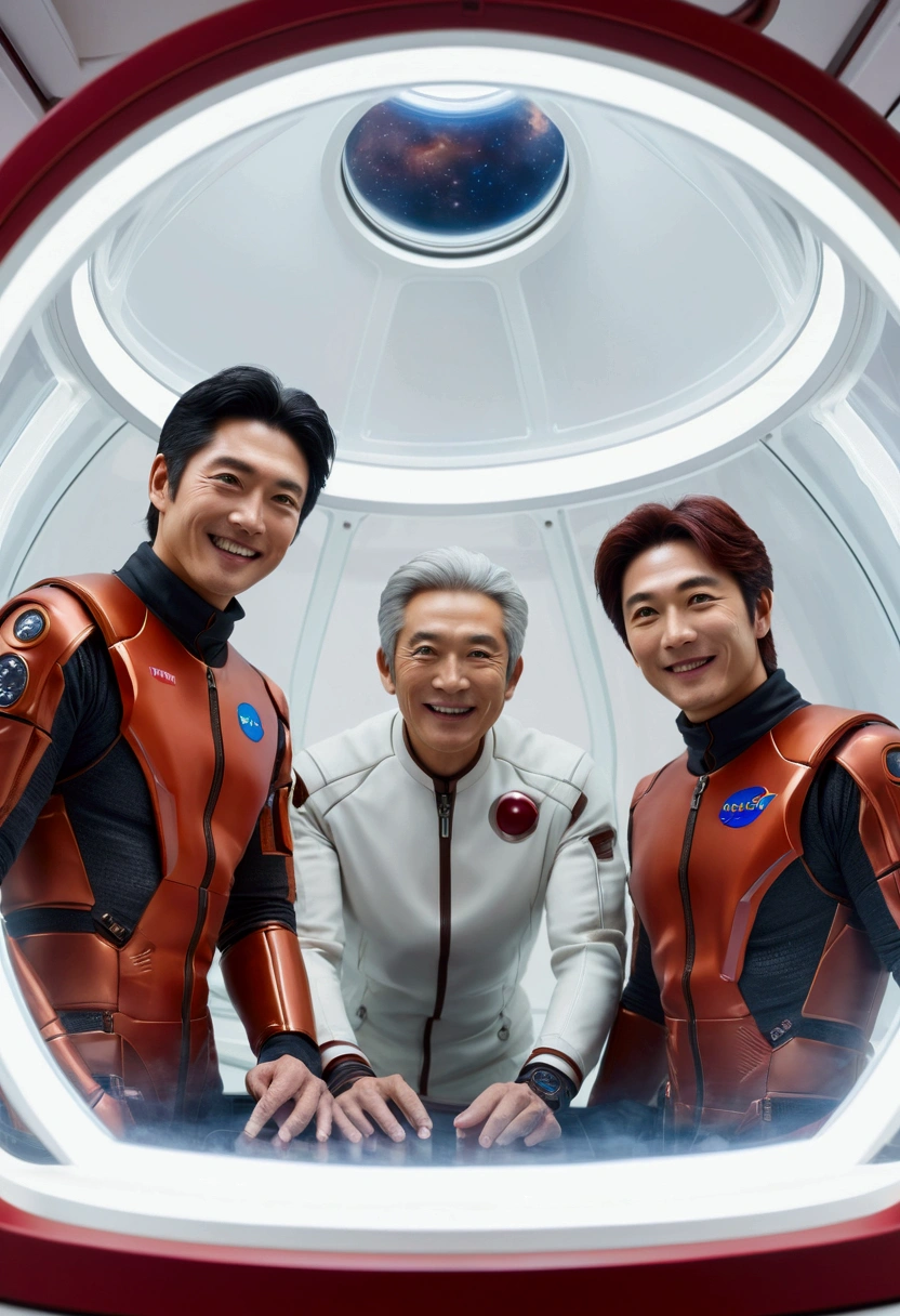 A close-up of a group of uniformed people looking at a computer, 1 9 7 0 s japanese tv show, toei, live-action movie scenes, still from live action movie, movie still of robot goku, Chiba Yuda, Tokusatsu, screenshot from the 1983 film