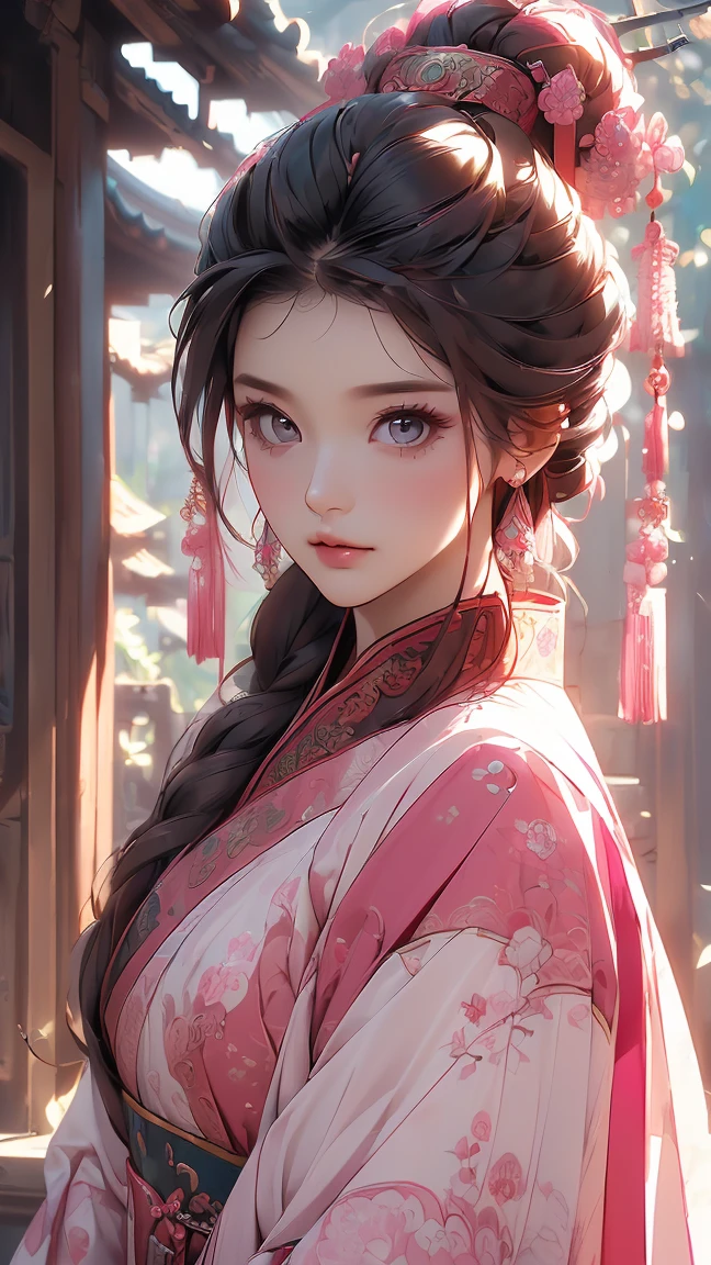 (((Best quality, 8k, Masterpiece: 1.3)), ((best quality)), ((masterpiece)), (detailed), perfect face, perfect body, (detailed skin:1.3), (intricate details), high details, highres, Yang Guifei, traditional Chinese costume, royalty, empress, luxury, pink hair, topknot, Hanfu