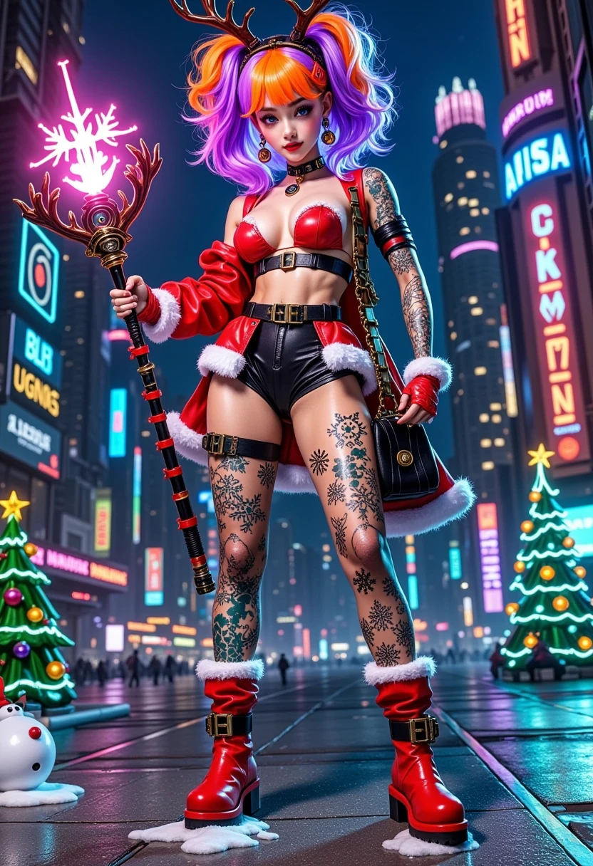 (Vision)，Wide Angle，(Full body shot:1.6)， surrealism, 1girl, cyberpunk femme fatale in Christmas-themed attire, neon orange and purple hair, Christmas-themed cybernetic implants that glow in the dark, showcasing variations of her outfit, sleek Christmas attire with snowflake patterns, high-tech accessories, Christmas magic wand with glowing runes, avant-garde footwear with bell buckles, festive tattoos of reindeer and snowflakes, glowing circuitry on her skin that resembles Christmas symbols, background should be a dark futuristic cityscape on Christmas night, neon lights shaped like Christmas trees and snowmen, emphasizing the character's bold and mysterious personality