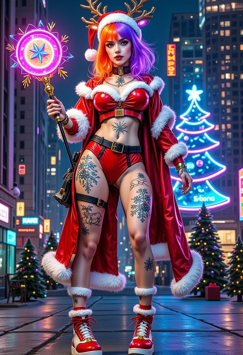 (Vision)，Wide Angle，(Full body shot:1.6)， surrealism, 1girl, cyberpunk femme fatale in Christmas-themed attire, neon orange and purple hair, Christmas-themed cybernetic implants that glow in the dark, showcasing variations of her outfit, sleek Christmas attire with snowflake patterns, high-tech accessories, Christmas magic wand with glowing runes, avant-garde footwear with bell buckles, festive tattoos of reindeer and snowflakes, glowing circuitry on her skin that resembles Christmas symbols, background should be a dark futuristic cityscape on Christmas night, neon lights shaped like Christmas trees and snowmen, emphasizing the character's bold and mysterious personality