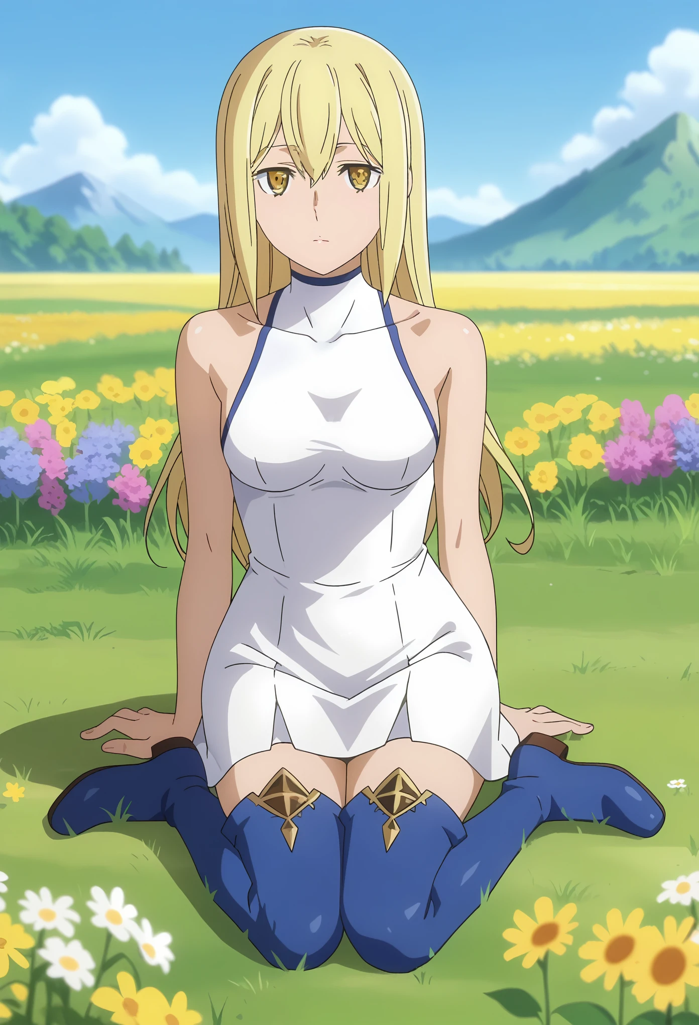 Relaxation calm, serene, at ease, visibly peaceful
, score_7_up, anime screencap, 1girl, solo, long hair, blonde hair, hair between eyes, yellow eyes, AisCasual, sleeveless dress, white dress, short dress, thigh boots, blue footwear, sitting, on ground, looking at viewer, scenery, mountains, grass, flower field,
